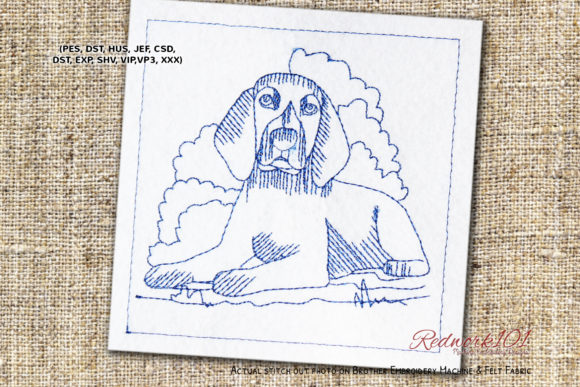 Beagle Dog Sitting on Grass Redwork